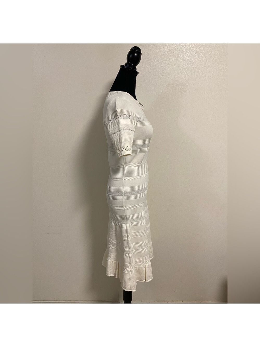 Eliza J Dress Women’s Size Medium Cream Pointelle Ruffle hem Dress fit & flare - Picture 3 of 16